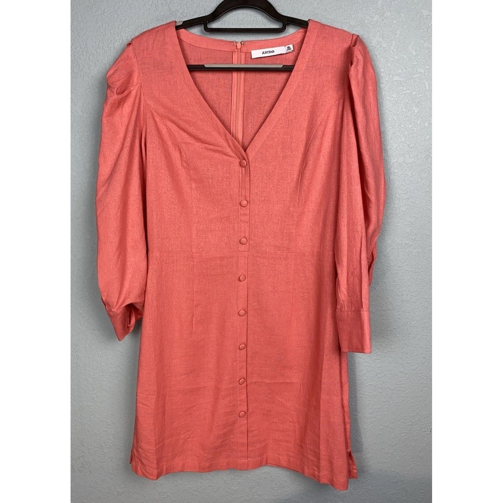 JUST FAB Dress Woman's XL Linen Viscose Coral Buttons Beach